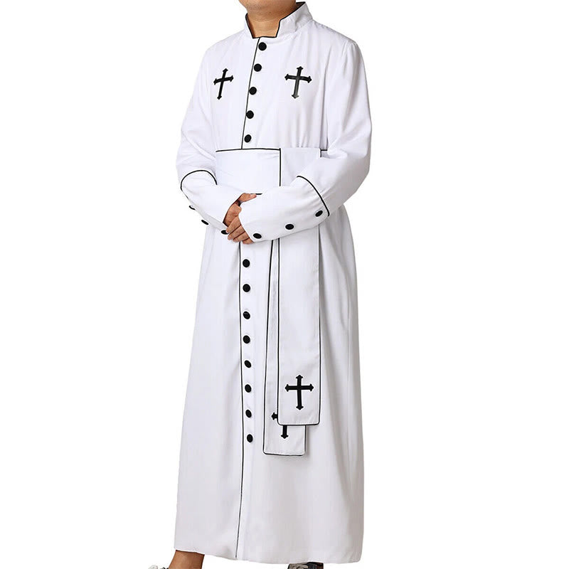 Christianartworkshop Ceremonial Black and White Stand Collar Clergy Robe with Belt & Cross Motifs