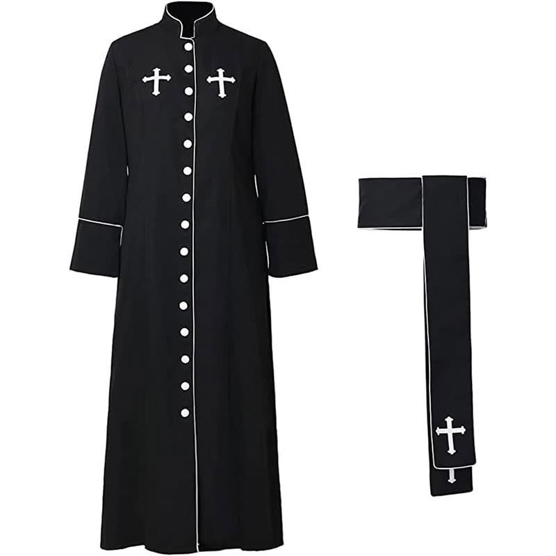 Christianartworkshop Ceremonial Black and White Stand Collar Clergy Robe with Belt & Cross Motifs