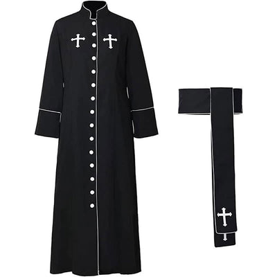 Christianartworkshop Ceremonial Black and White Stand Collar Clergy Robe with Belt & Cross Motifs