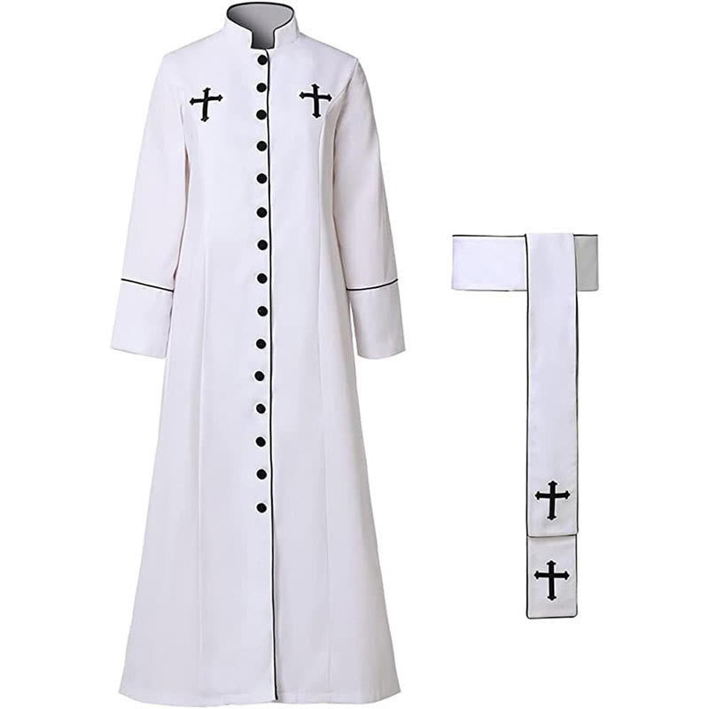 Christianartworkshop Ceremonial Black and White Stand Collar Clergy Robe with Belt & Cross Motifs