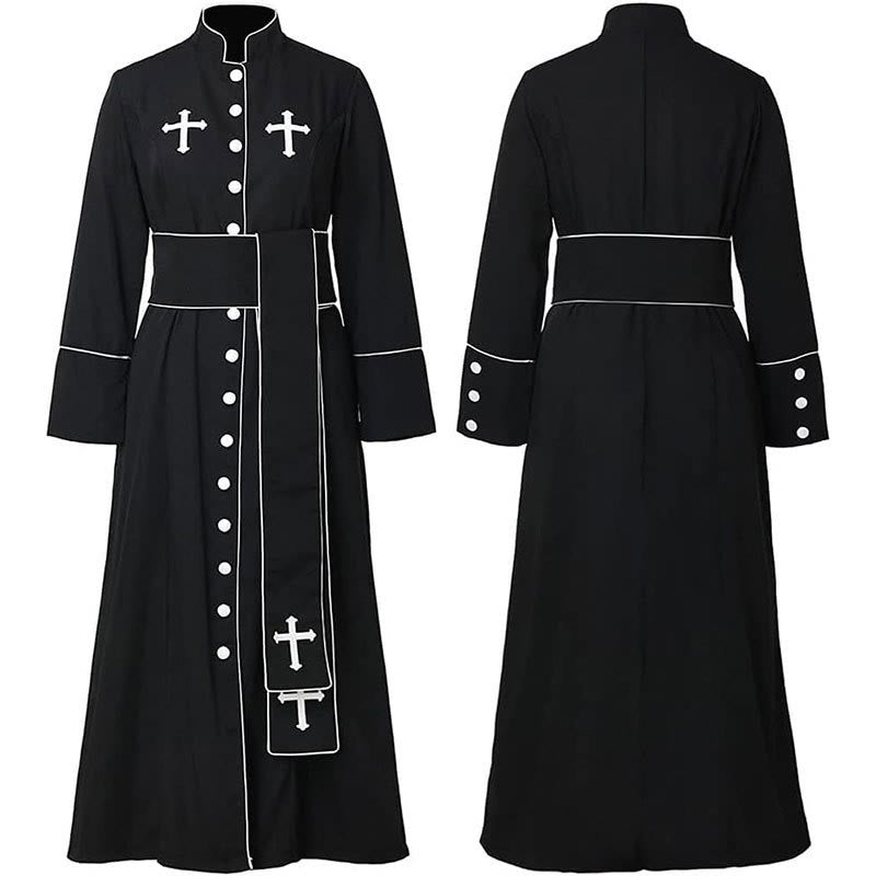 Christianartworkshop Ceremonial Black and White Stand Collar Clergy Robe with Belt & Cross Motifs