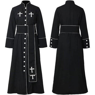 Christianartworkshop Ceremonial Black and White Stand Collar Clergy Robe with Belt & Cross Motifs