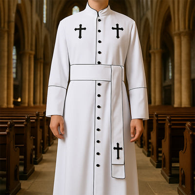 Christianartworkshop Ceremonial Black and White Stand Collar Clergy Robe with Belt & Cross Motifs