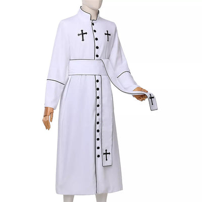 Christianartworkshop Ceremonial Black and White Stand Collar Clergy Robe with Belt & Cross Motifs
