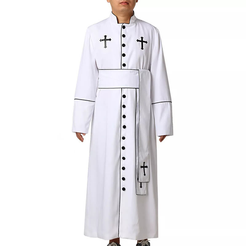 Christianartworkshop Ceremonial Black and White Stand Collar Clergy Robe with Belt & Cross Motifs