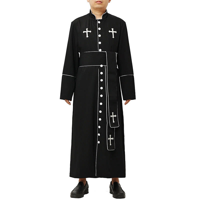 Christianartworkshop Ceremonial Black and White Stand Collar Clergy Robe with Belt & Cross Motifs