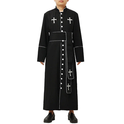 Christianartworkshop Ceremonial Black and White Stand Collar Clergy Robe with Belt & Cross Motifs