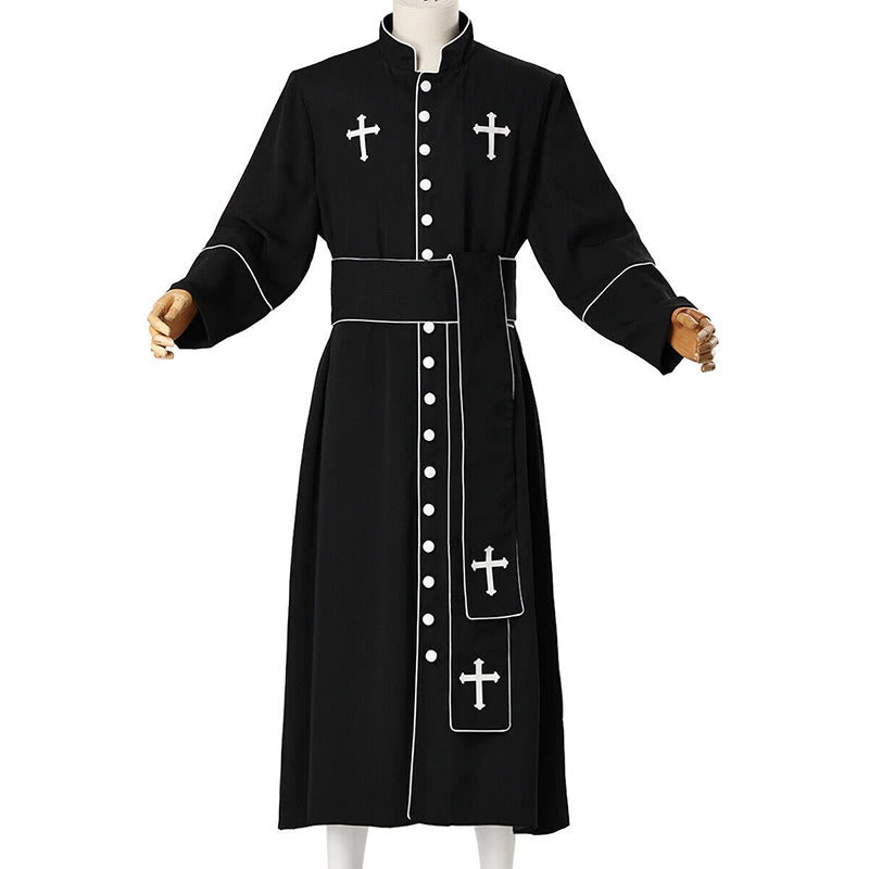 Christianartworkshop Ceremonial Black and White Stand Collar Clergy Robe with Belt & Cross Motifs