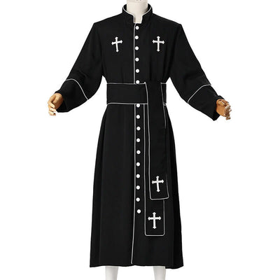 Christianartworkshop Ceremonial Black and White Stand Collar Clergy Robe with Belt & Cross Motifs
