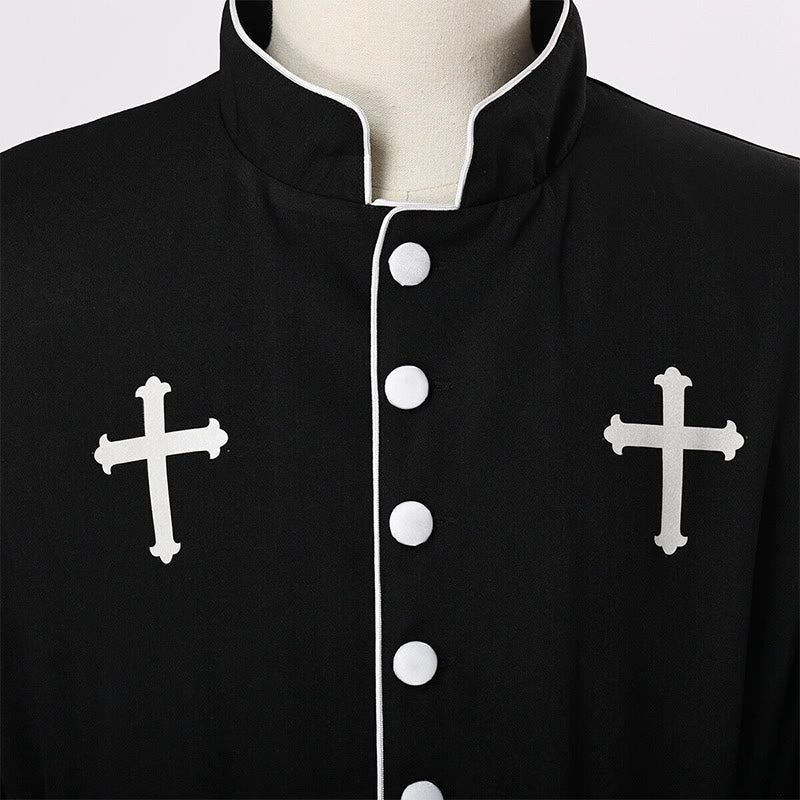 Christianartworkshop Ceremonial Black and White Stand Collar Clergy Robe with Belt & Cross Motifs