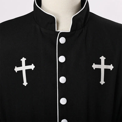 Christianartworkshop Ceremonial Black and White Stand Collar Clergy Robe with Belt & Cross Motifs
