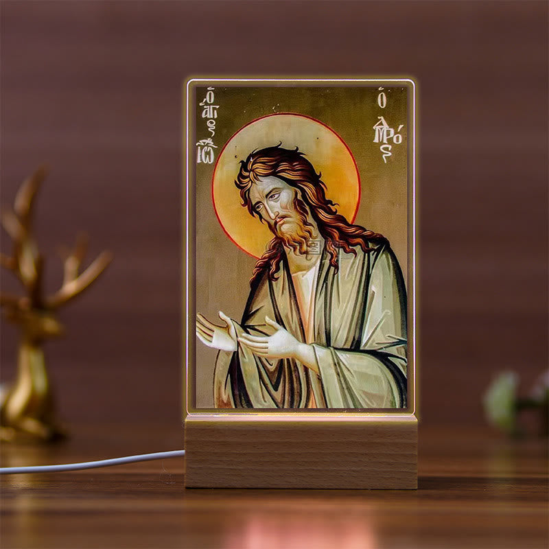 Christianartworkshop Holy Saints Icon Beechwood Base Night Light of Faithful Guardian