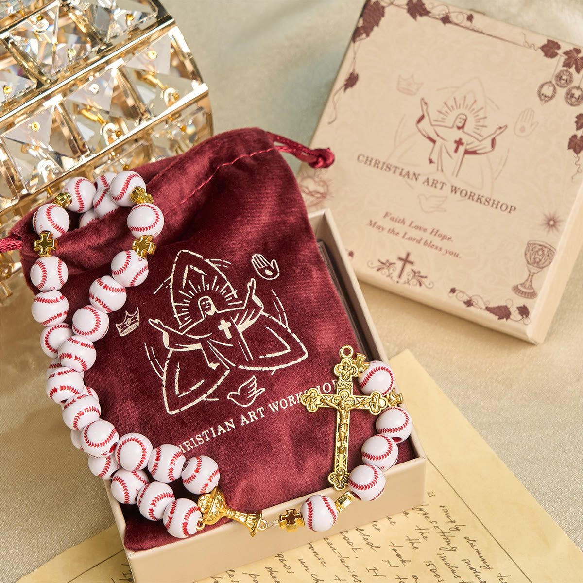 Christianartworkshop Blessed Miniature Baseball Beads Rosary with Golden Holy Chalice & Crucifix: Merge Faith and Sport