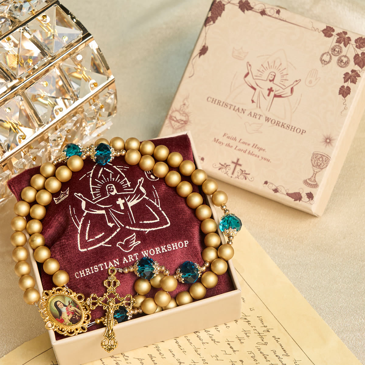 FREE Today: Elegant Matte Golden Pearl Rosary with St. Therese and Crucifix