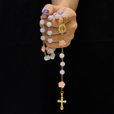 Christianartworkshop Our Lady of Guadalupe & Crucifix of 8mm Handmade Blue Aquamarine Chalcedony Beads Rosary