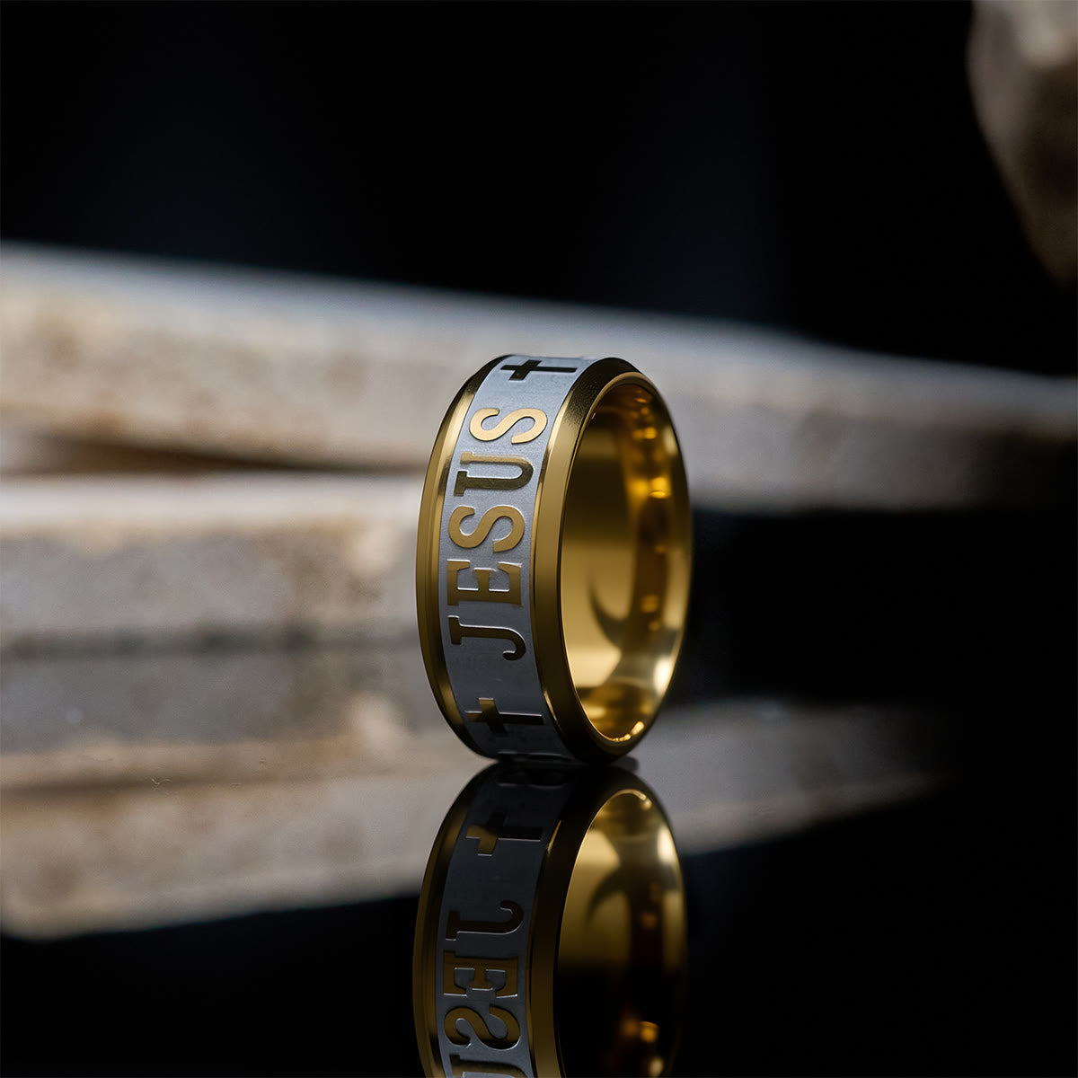 Christianartworkshop Titanium Steel Ring with Laser engraving "JESUS"