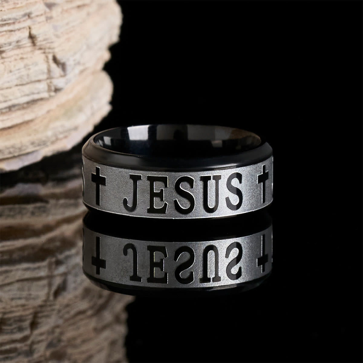 Christianartworkshop Titanium Steel Ring with Laser engraving "JESUS"