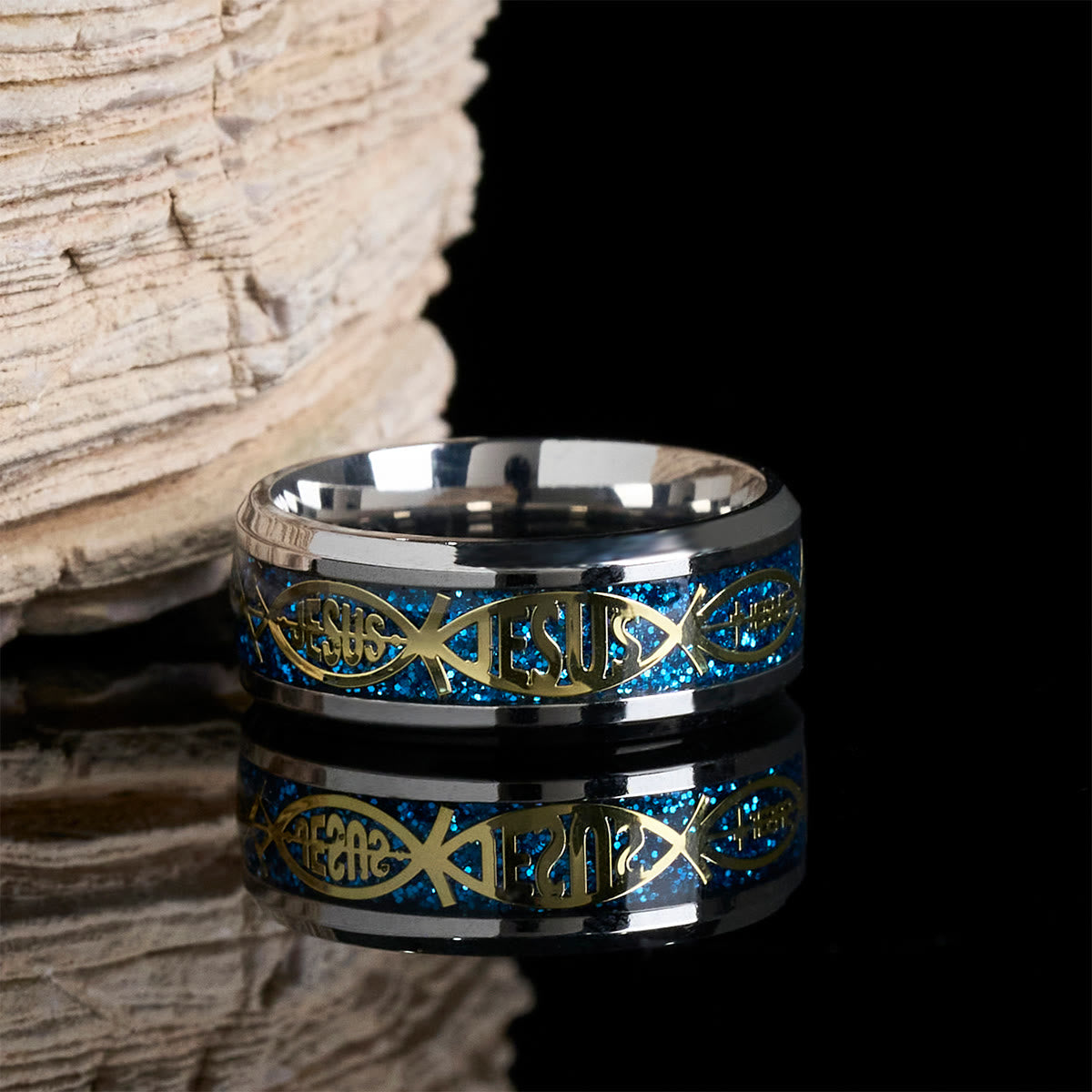 Christianartworkshop Rustic Stainless Steel Ring: "Jesus" in Fish