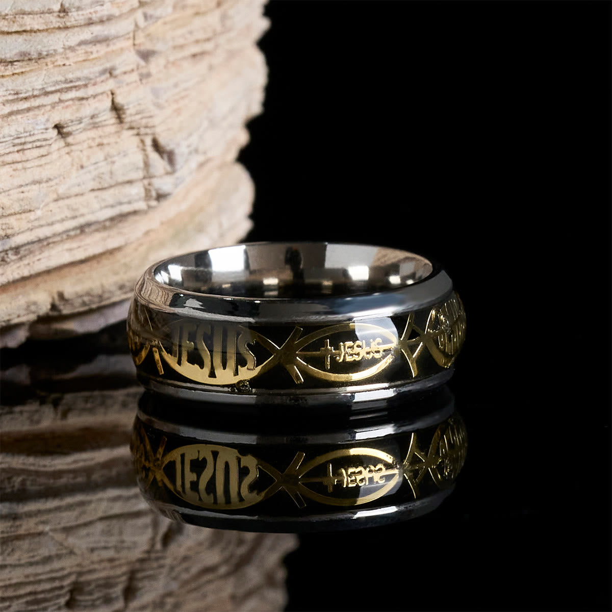 Christianartworkshop Rustic Stainless Steel Ring: "Jesus" in Fish
