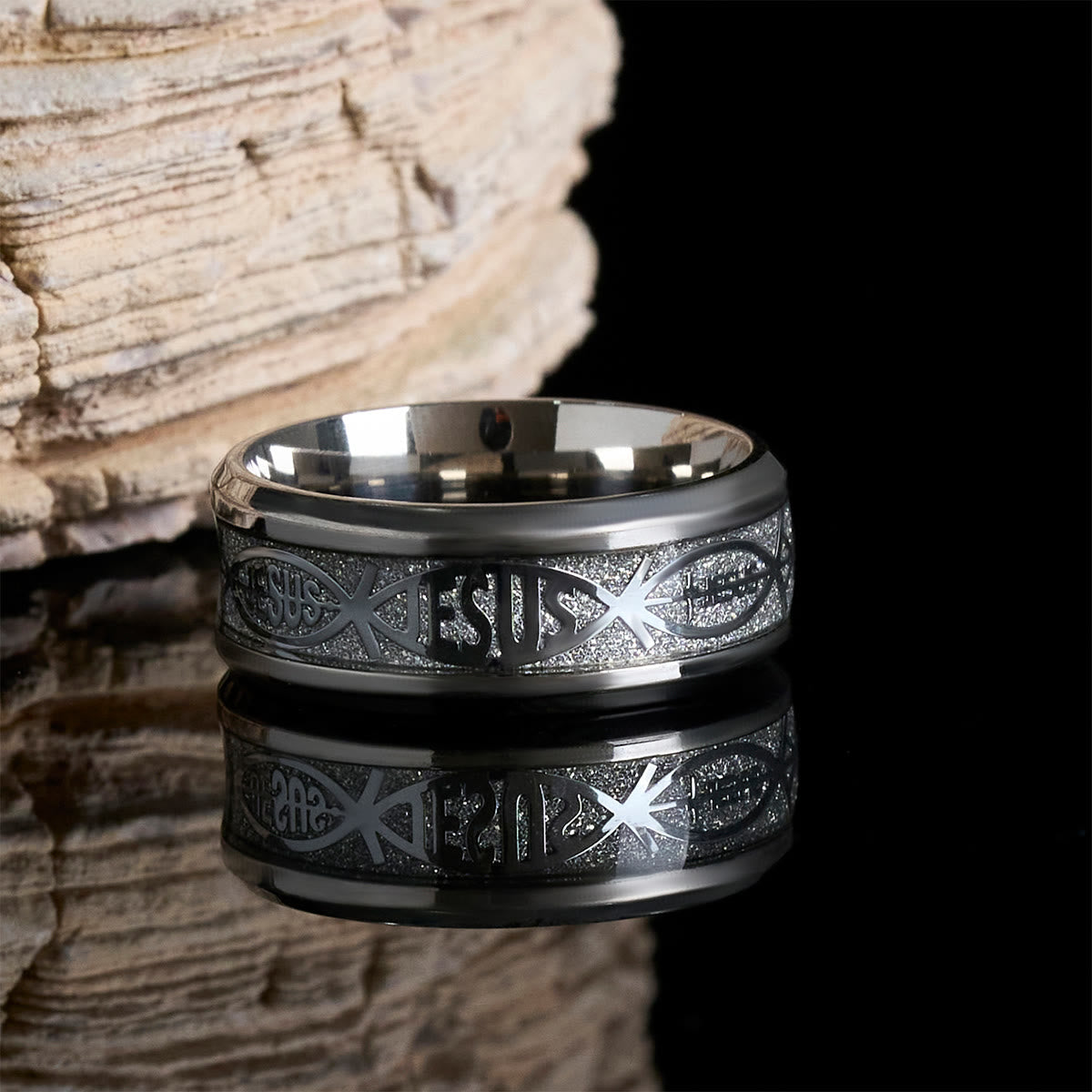 Christianartworkshop Rustic Stainless Steel Ring: "Jesus" in Fish