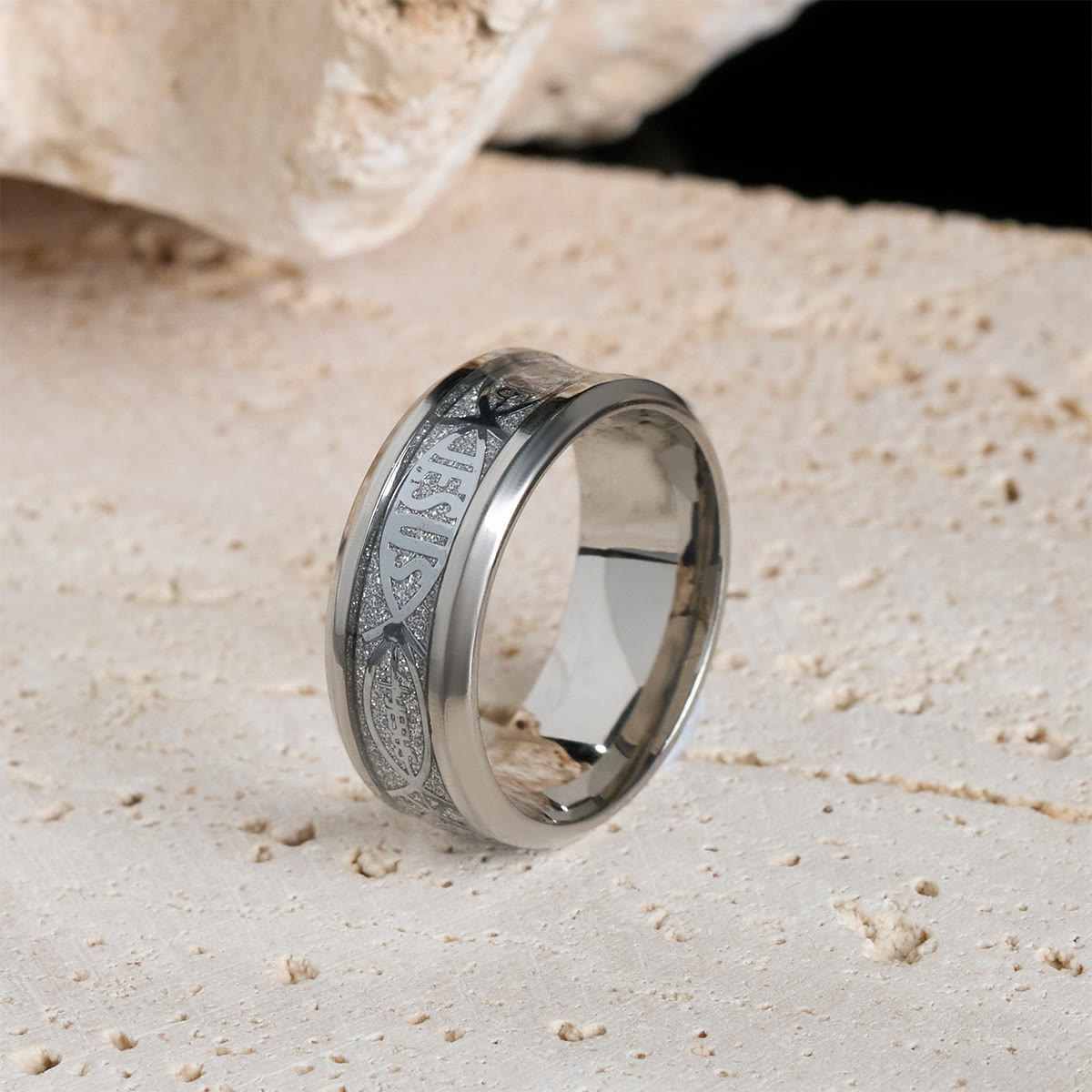 Christianartworkshop Rustic Stainless Steel Ring: "Jesus" in Fish