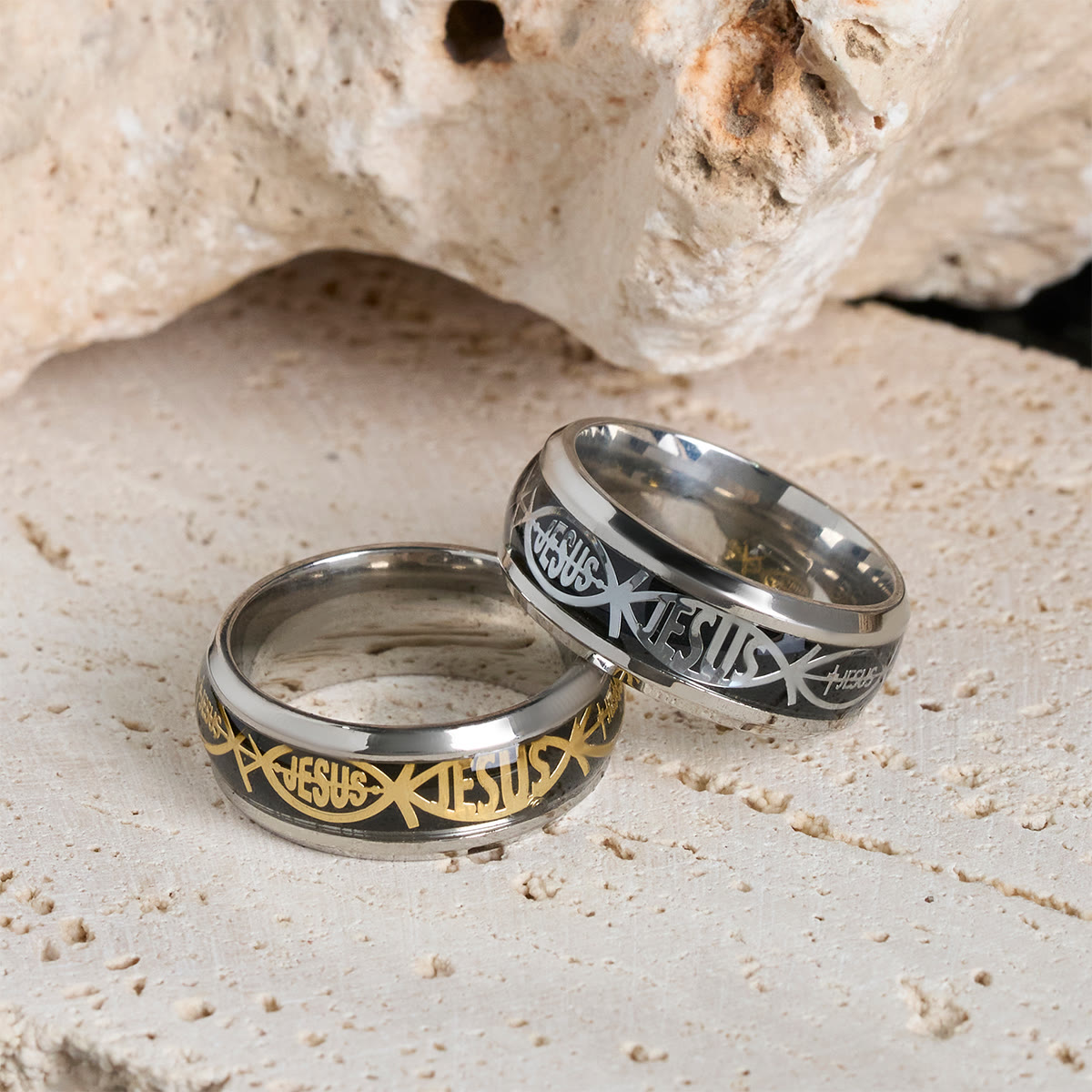 Christianartworkshop Rustic Stainless Steel Ring: "Jesus" in Fish