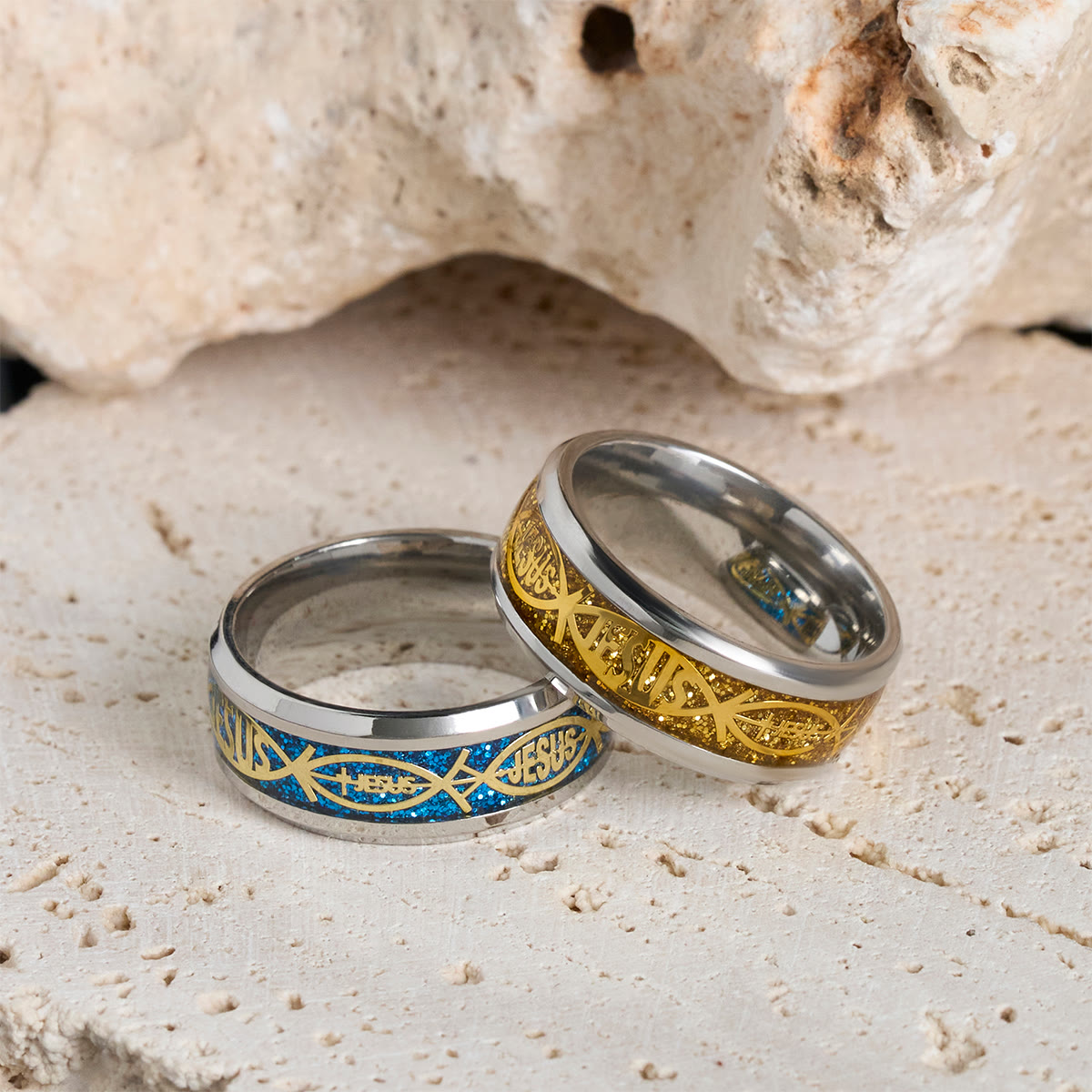 Christianartworkshop Rustic Stainless Steel Ring: "Jesus" in Fish