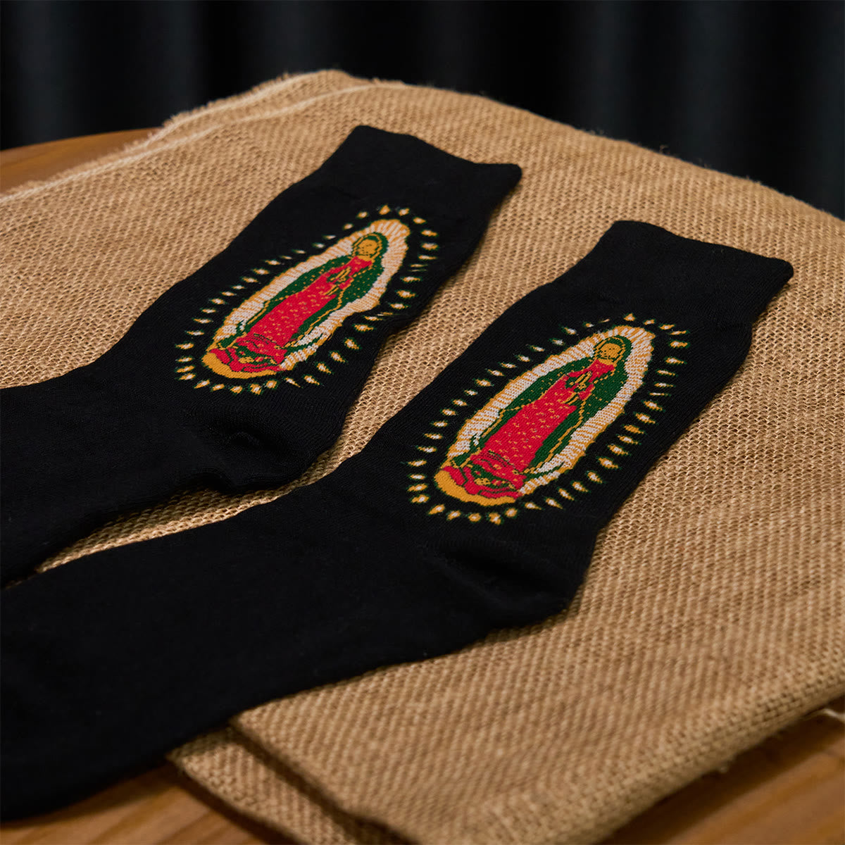 Christianartworkshop Black Virgin of Guadalupe Religious Unisex Crew Socks: Retro Design, Exclusive Faith Flair