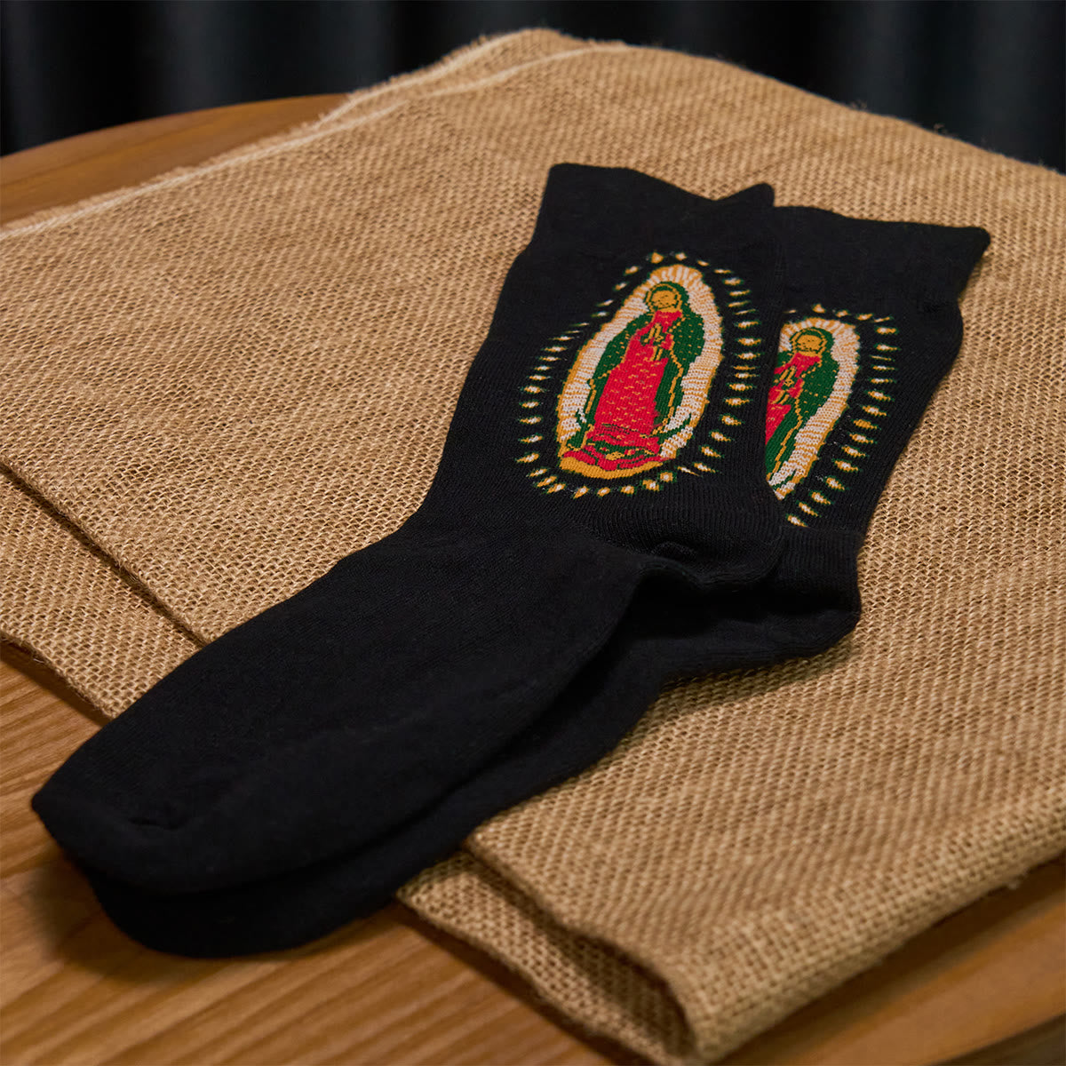 Christianartworkshop Black Virgin of Guadalupe Religious Unisex Crew Socks: Retro Design, Exclusive Faith Flair