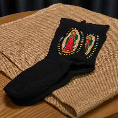 Christianartworkshop Black Virgin of Guadalupe Religious Unisex Crew Socks: Retro Design, Exclusive Faith Flair