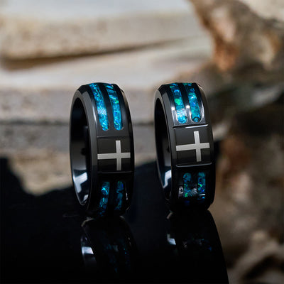 FREE Today: Modern Titanium Steel Cross Ring with Laser Blue Inlay: Serenity in Christ's Blue Light