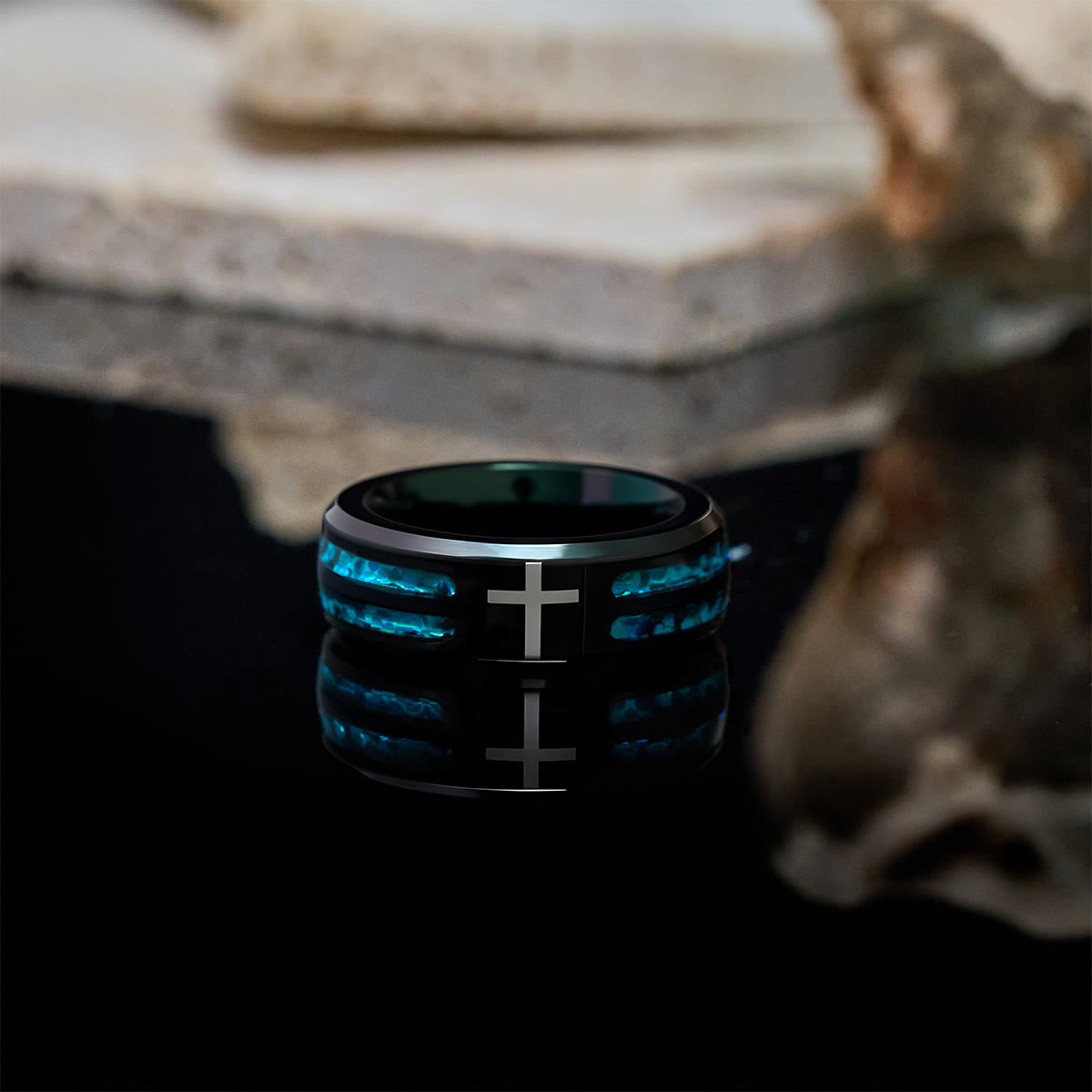 Christianartworkshop Modern Titanium Steel Cross Ring with Laser Blue Inlay: Serenity in Christ's Blue Light