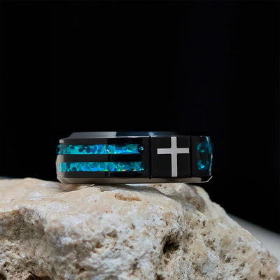 Christianartworkshop Modern Titanium Steel Cross Ring with Laser Blue Inlay: Serenity in Christ's Blue Light