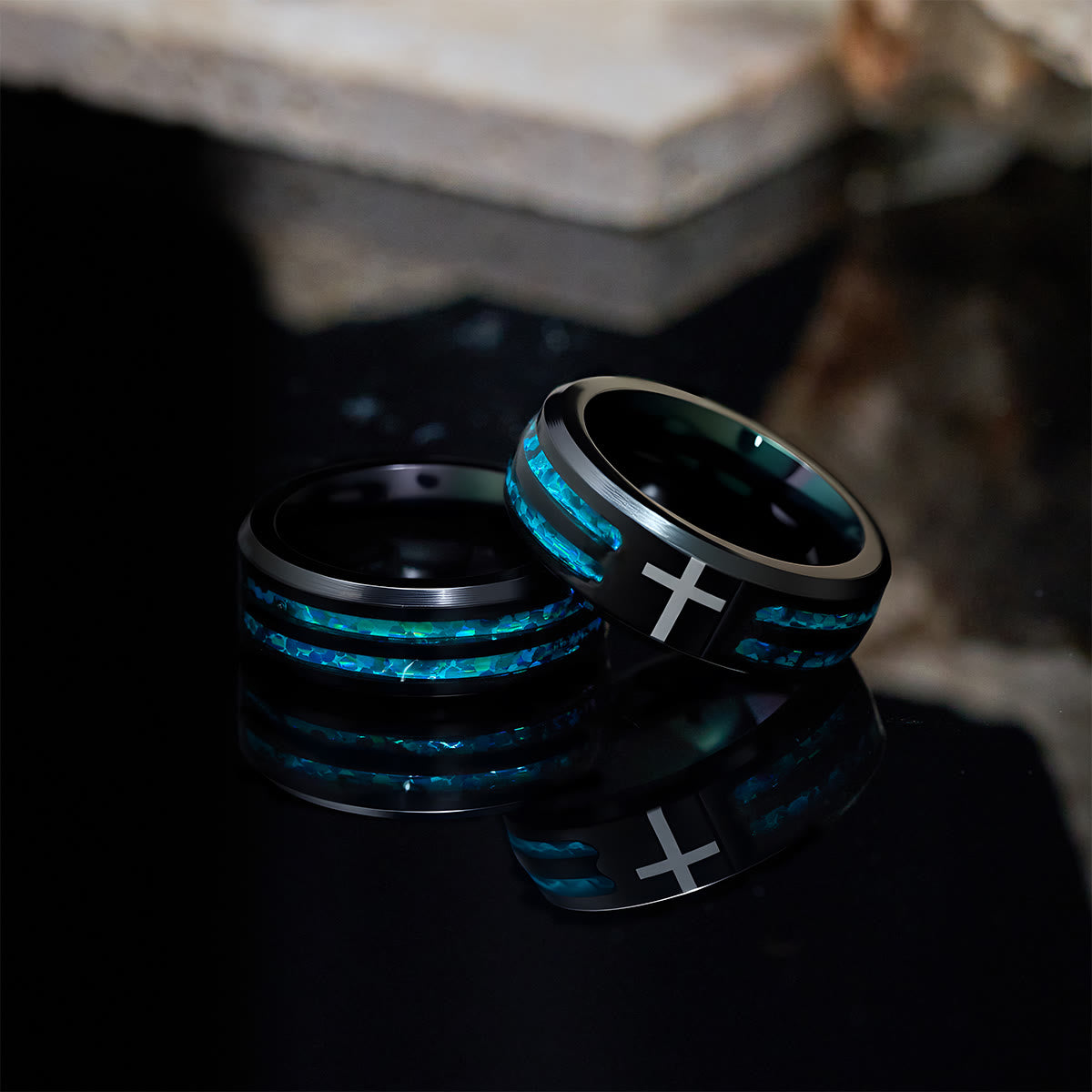 FREE Today: Modern Titanium Steel Cross Ring with Laser Blue Inlay: Serenity in Christ's Blue Light