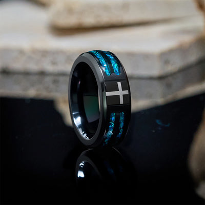 FREE Today: Modern Titanium Steel Cross Ring with Laser Blue Inlay: Serenity in Christ's Blue Light