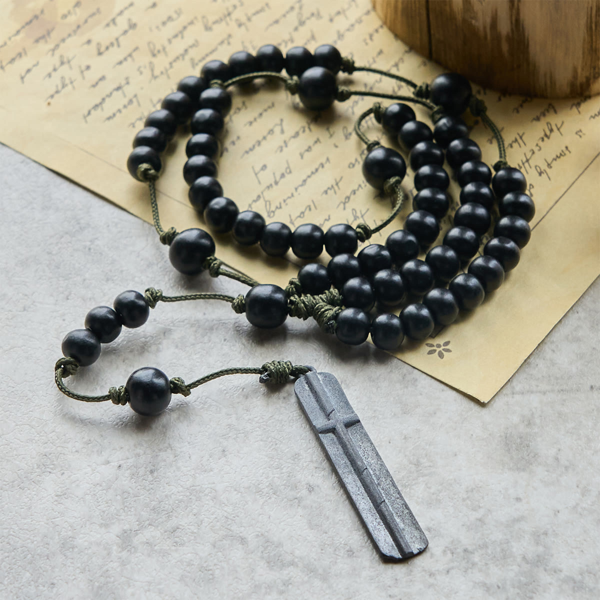 FREE Today: Rustic-Contemporary Cross of 8 mm Round Natural Wood Beads Rope Weaving Chain Rosary