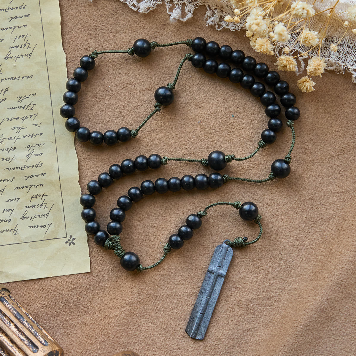 FREE Today: Rustic-Contemporary Cross of 8 mm Round Natural Wood Beads Rope Weaving Chain Rosary