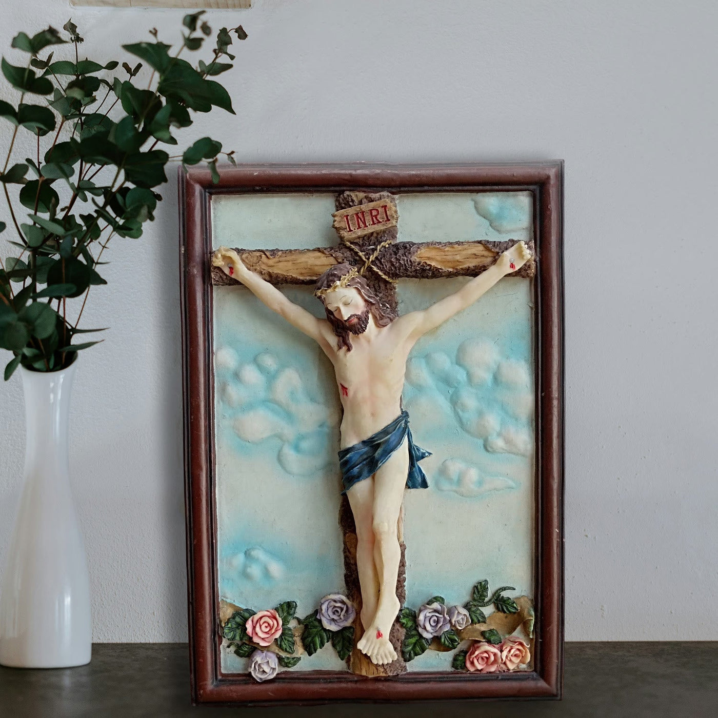 Christianartworkshop Classic Resin Crucifix Jesus Desktop Ornament with Rose Thorn