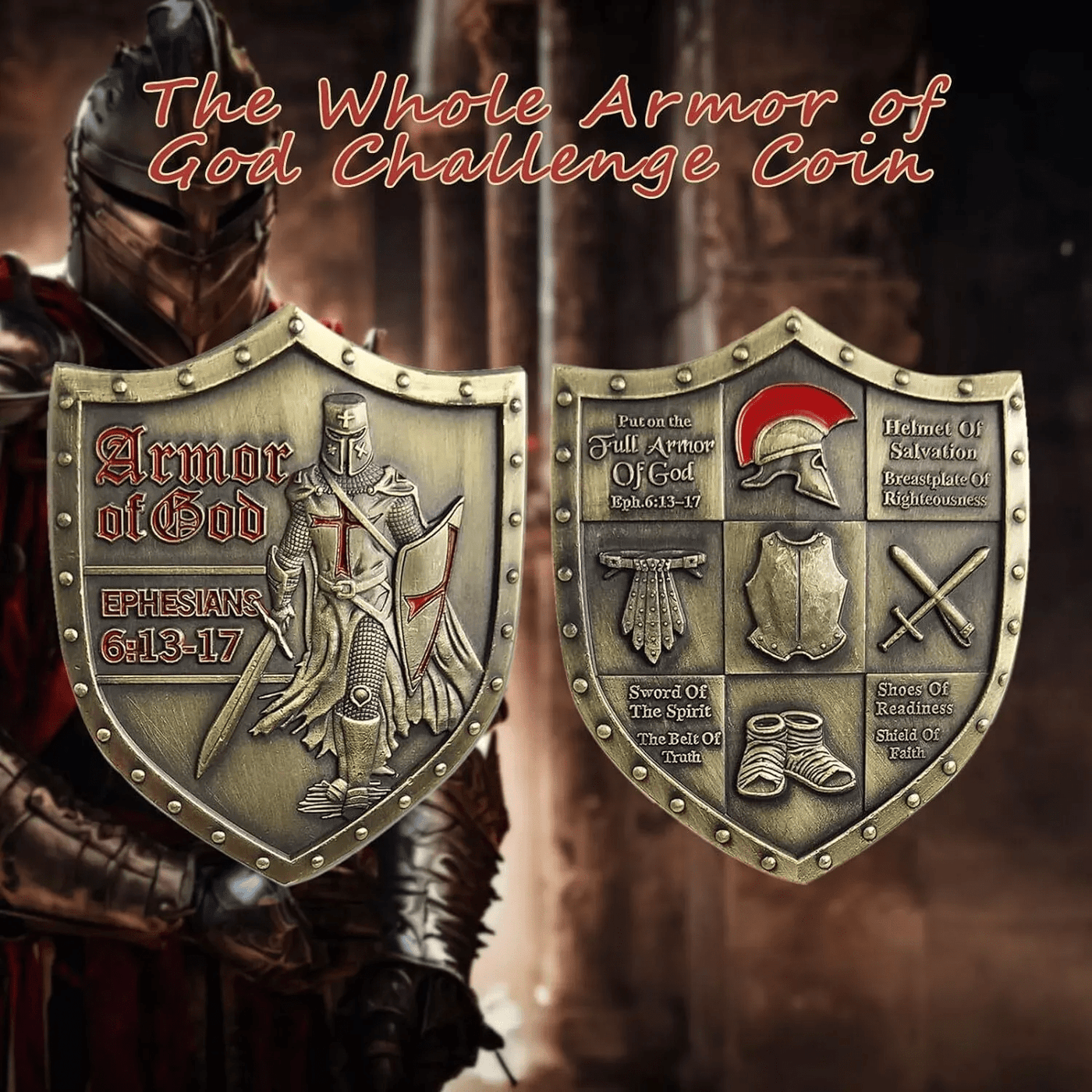 Christianartworkshop Classic Style Armor of God Shield Challenge Coin with Ephesians 6:13–17