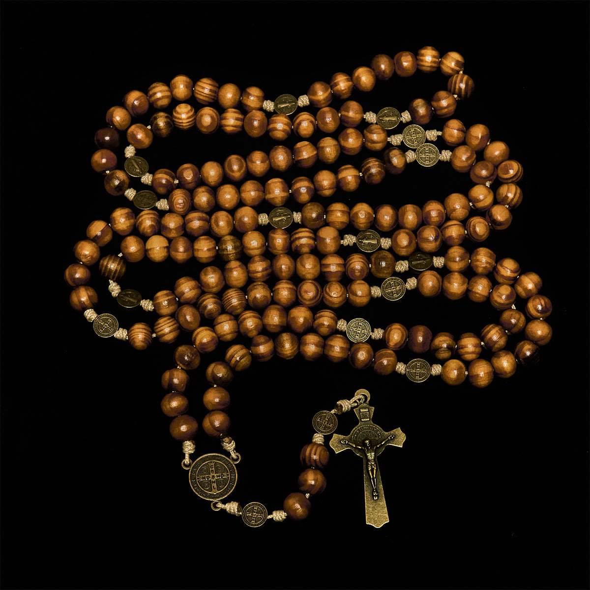 Christianartworkshop 15/20 Decade Olive Wood Rosary with St. Benedict, Crucifix & Waist Chain Design—Divine Devotion in Dual Use