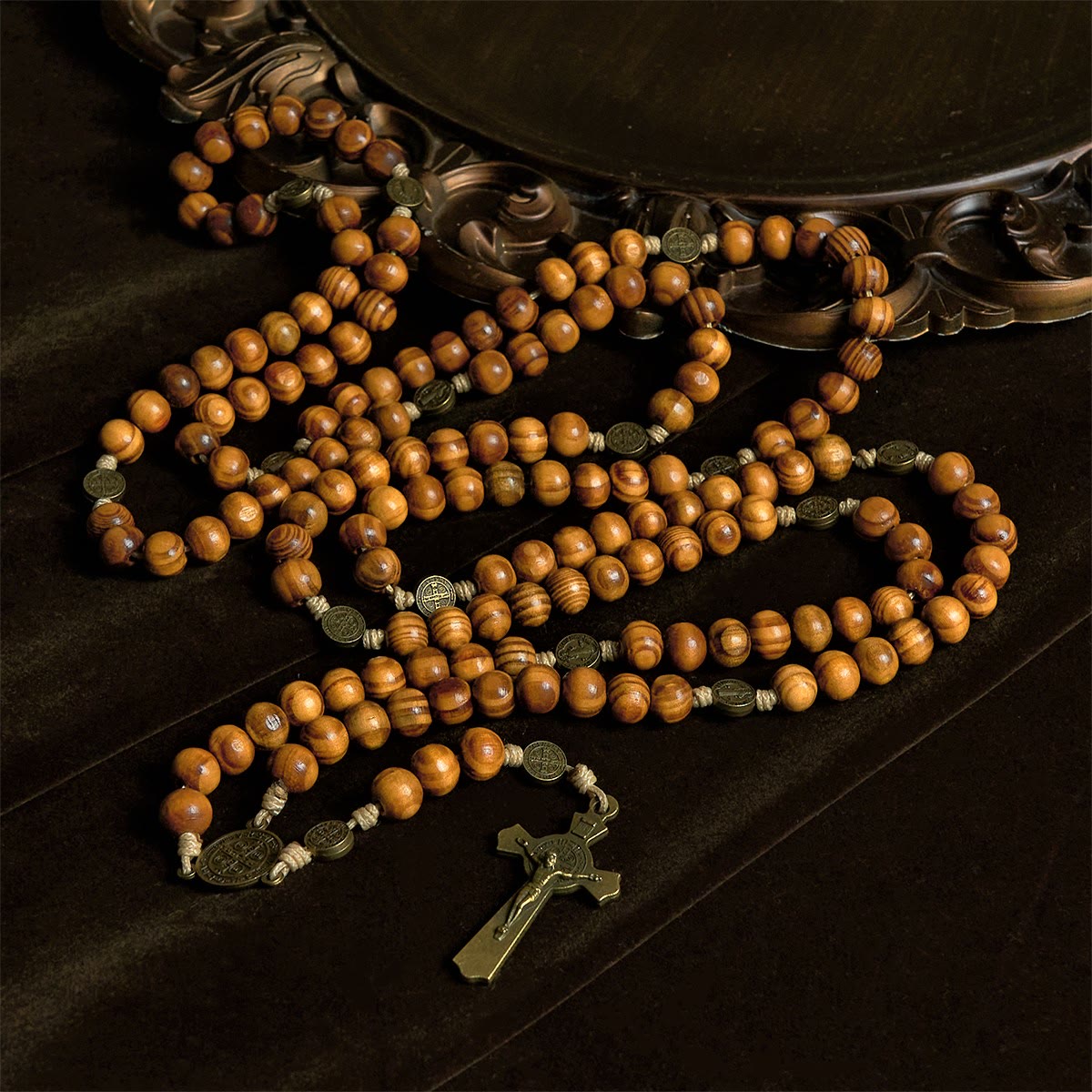 Christianartworkshop 15/20 Decade Olive Wood Rosary with St. Benedict, Crucifix & Waist Chain Design—Divine Devotion in Dual Use