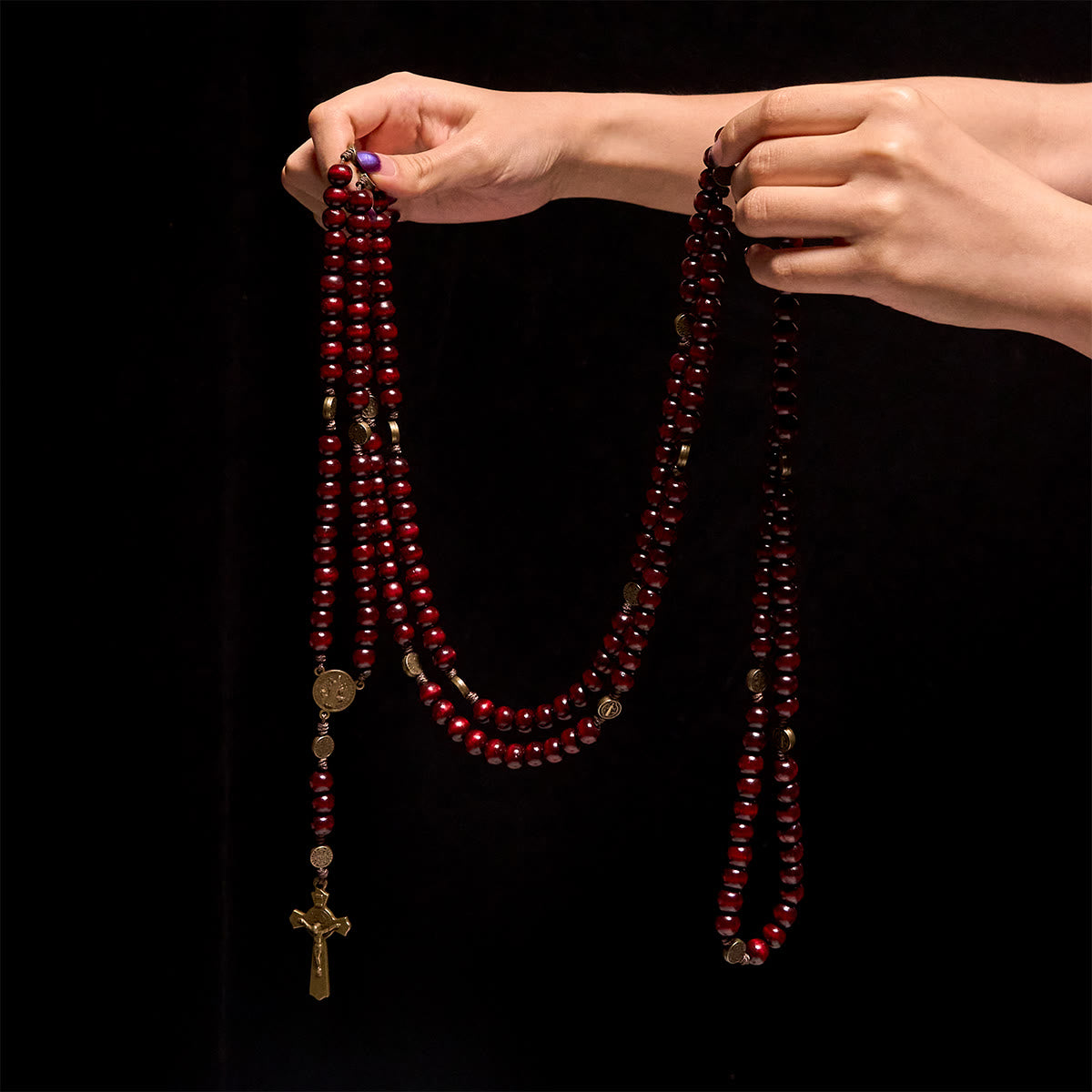 Christianartworkshop 15/20 Decade Olive Wood Rosary with St. Benedict, Crucifix & Waist Chain Design—Divine Devotion in Dual Use