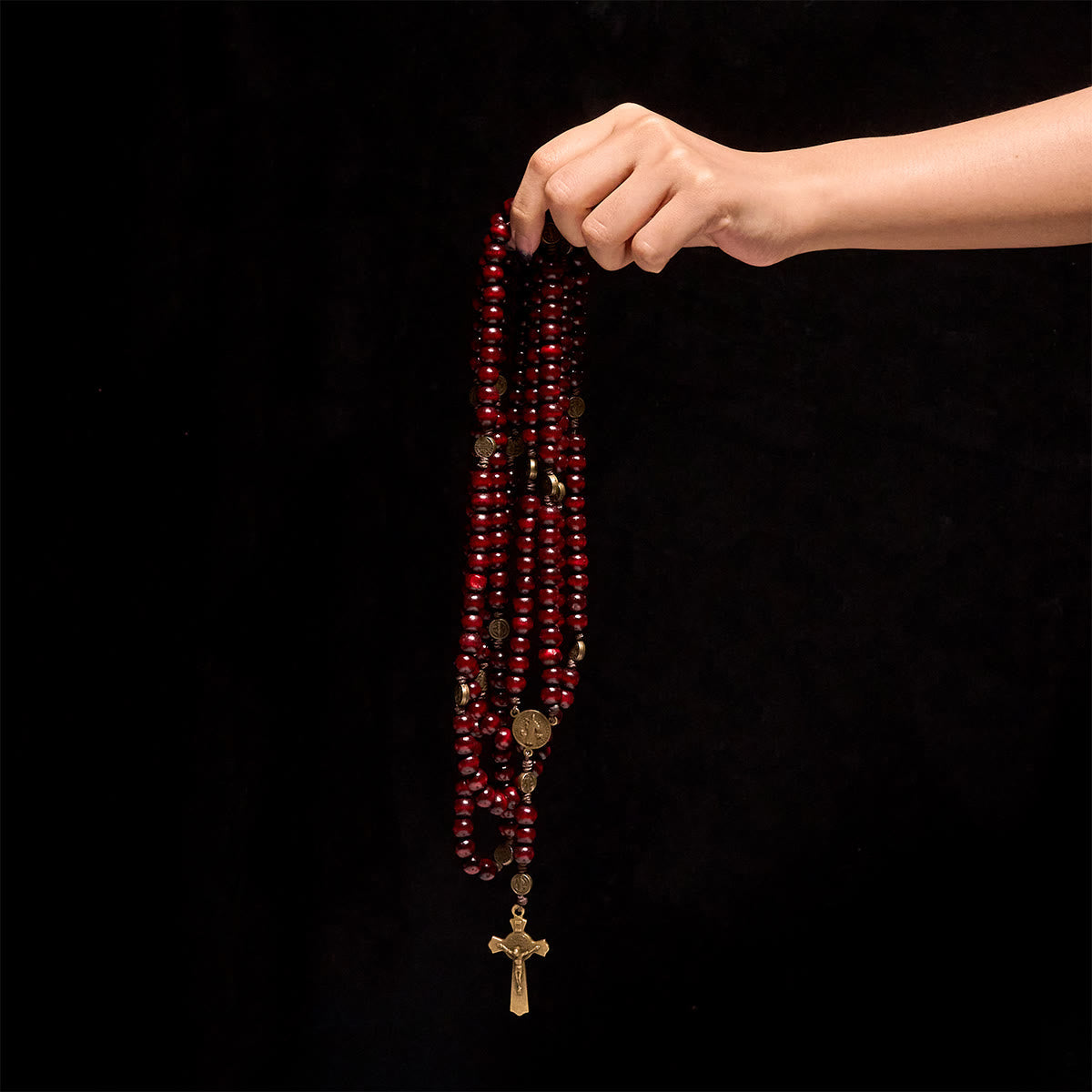 Christianartworkshop 15/20 Decade Olive Wood Rosary with St. Benedict, Crucifix & Waist Chain Design—Divine Devotion in Dual Use