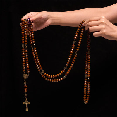 Christianartworkshop 15/20 Decade Olive Wood Rosary with St. Benedict, Crucifix & Waist Chain Design—Divine Devotion in Dual Use