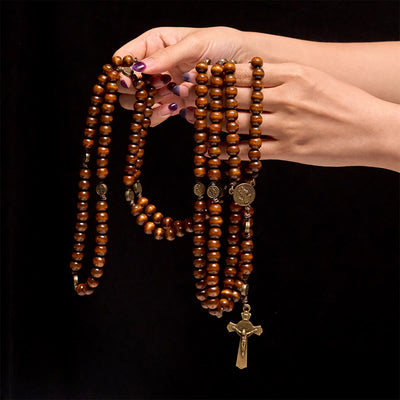 Christianartworkshop 15/20 Decade Olive Wood Rosary with St. Benedict, Crucifix & Waist Chain Design—Divine Devotion in Dual Use