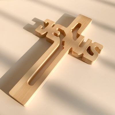 Christianartworkshop Jesus Silhouette Pine Wood Cross Wall Art with Hollow Carved Design