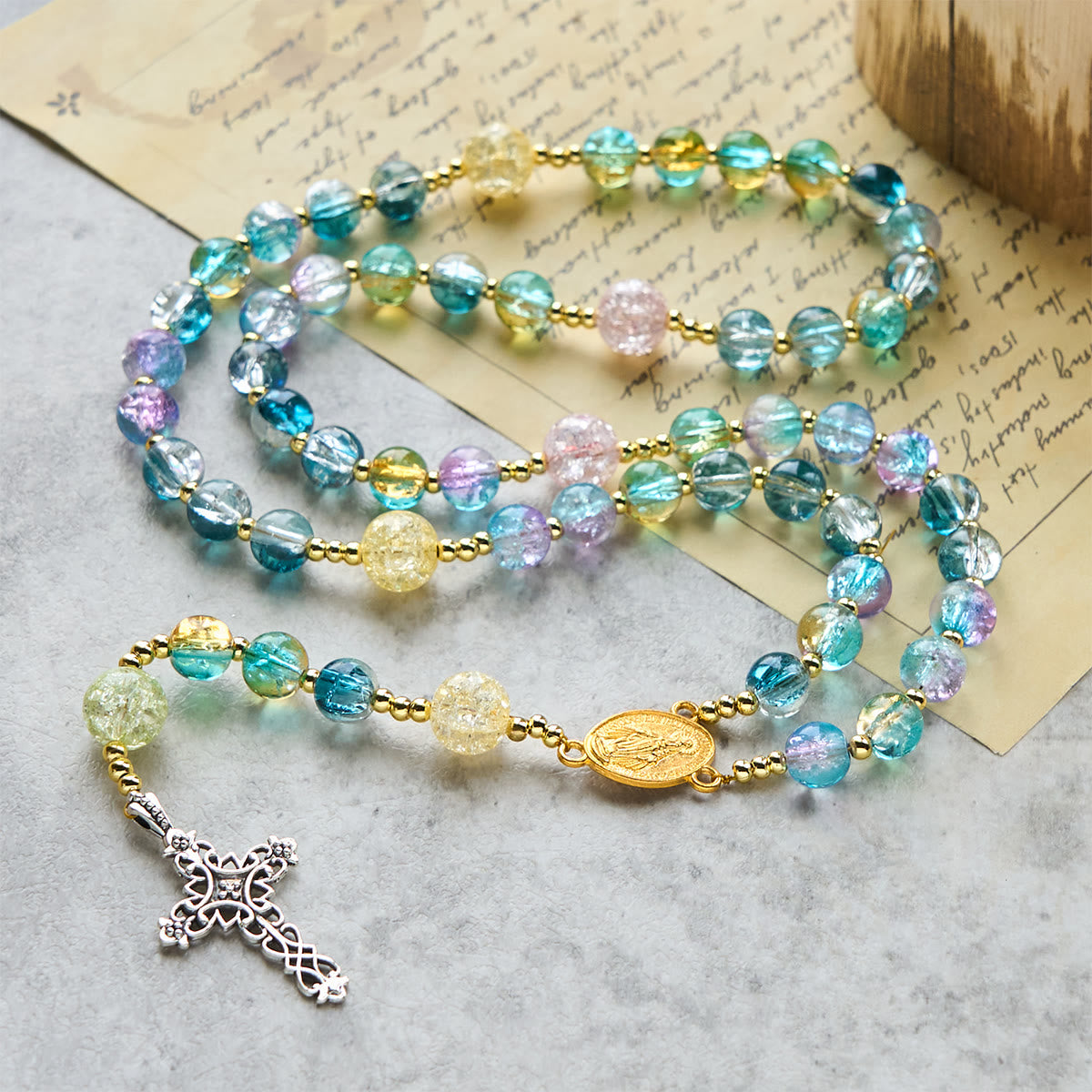 FREE Today: Miraculous Medal & Celtic Cross of 8 mm Round Multicolor Glass Alloy Chain Rosary