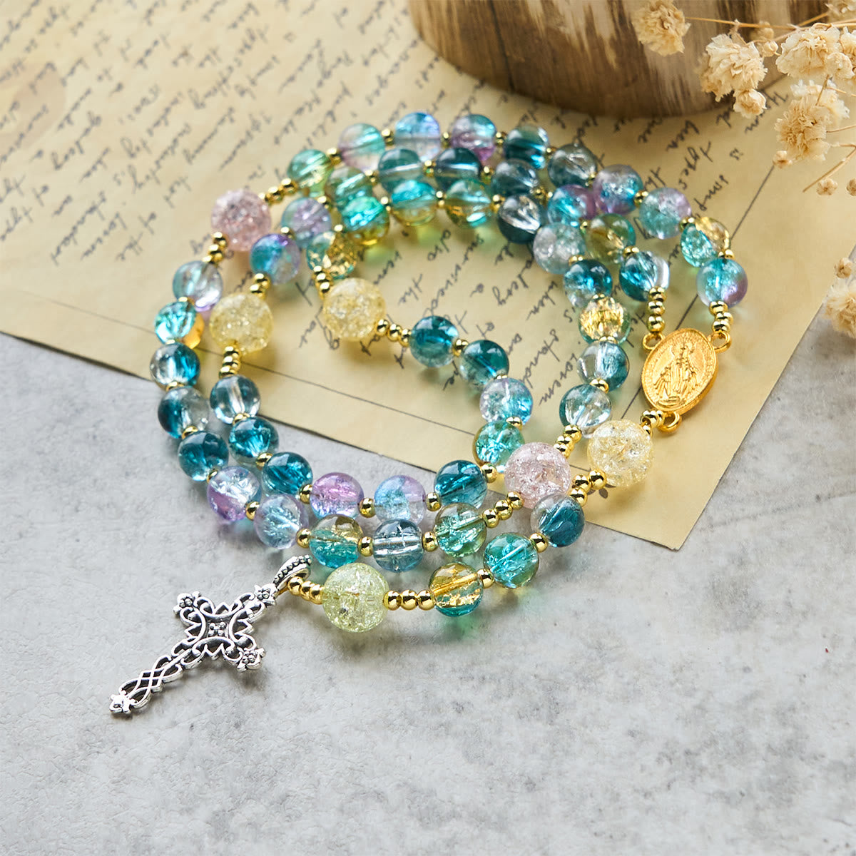 FREE Today: Miraculous Medal & Celtic Cross of 8 mm Round Multicolor Glass Alloy Chain Rosary