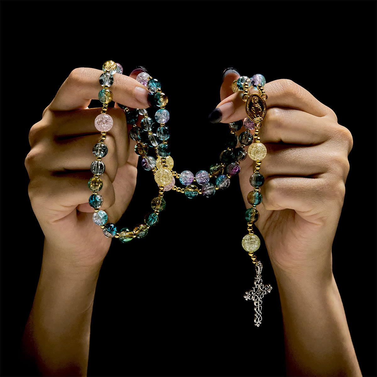 FREE Today: Miraculous Medal & Celtic Cross of 8 mm Round Multicolor Glass Alloy Chain Rosary