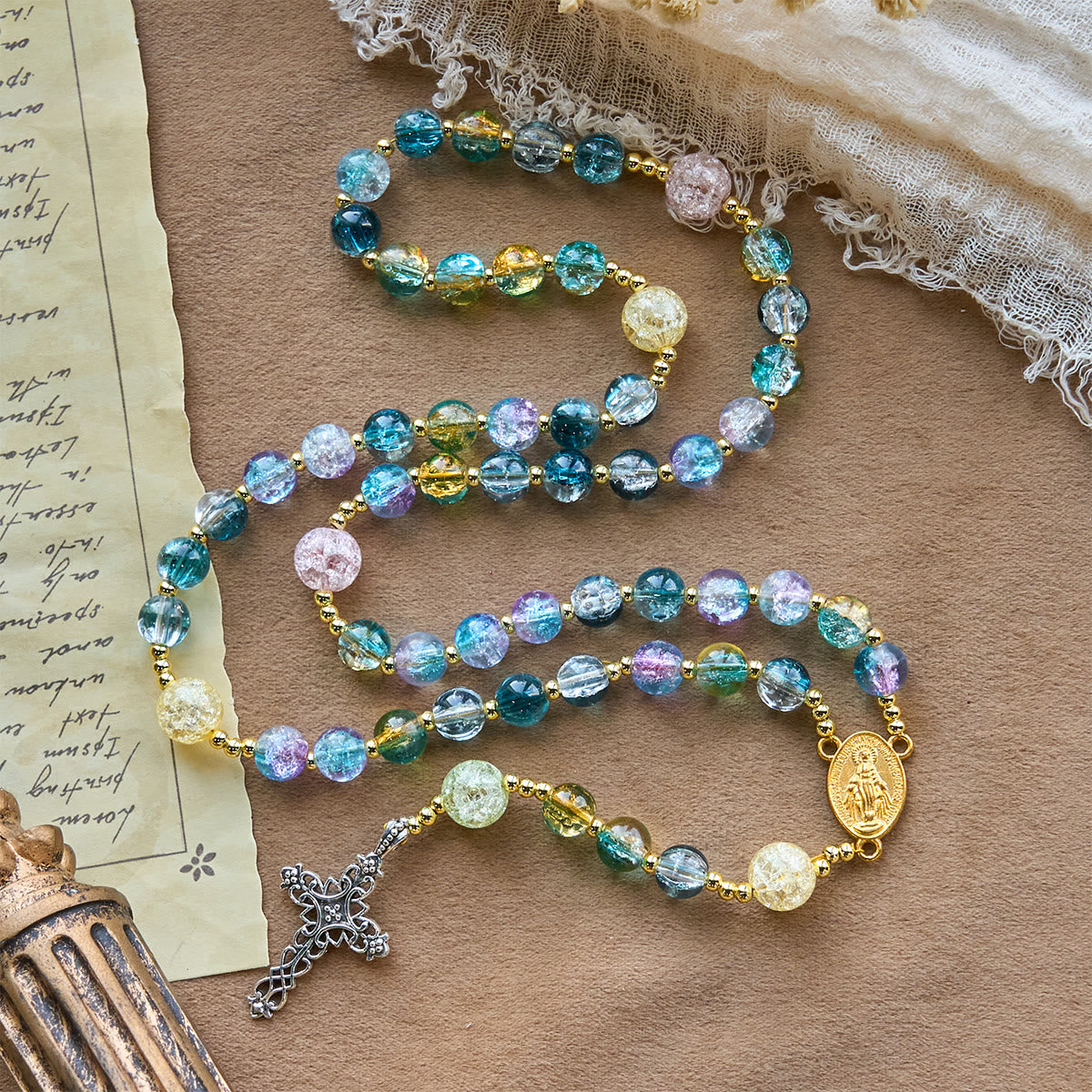 FREE Today: Miraculous Medal & Celtic Cross of 8 mm Round Multicolor Glass Alloy Chain Rosary